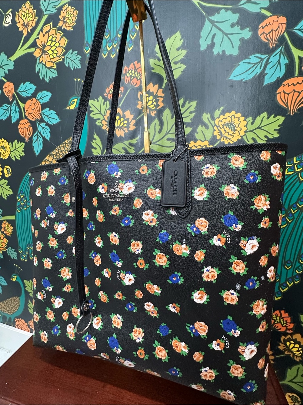 Coach Reversible Floral Market Tote Black Crossgrain Leather Shopper Bag - Picture 5 of 12